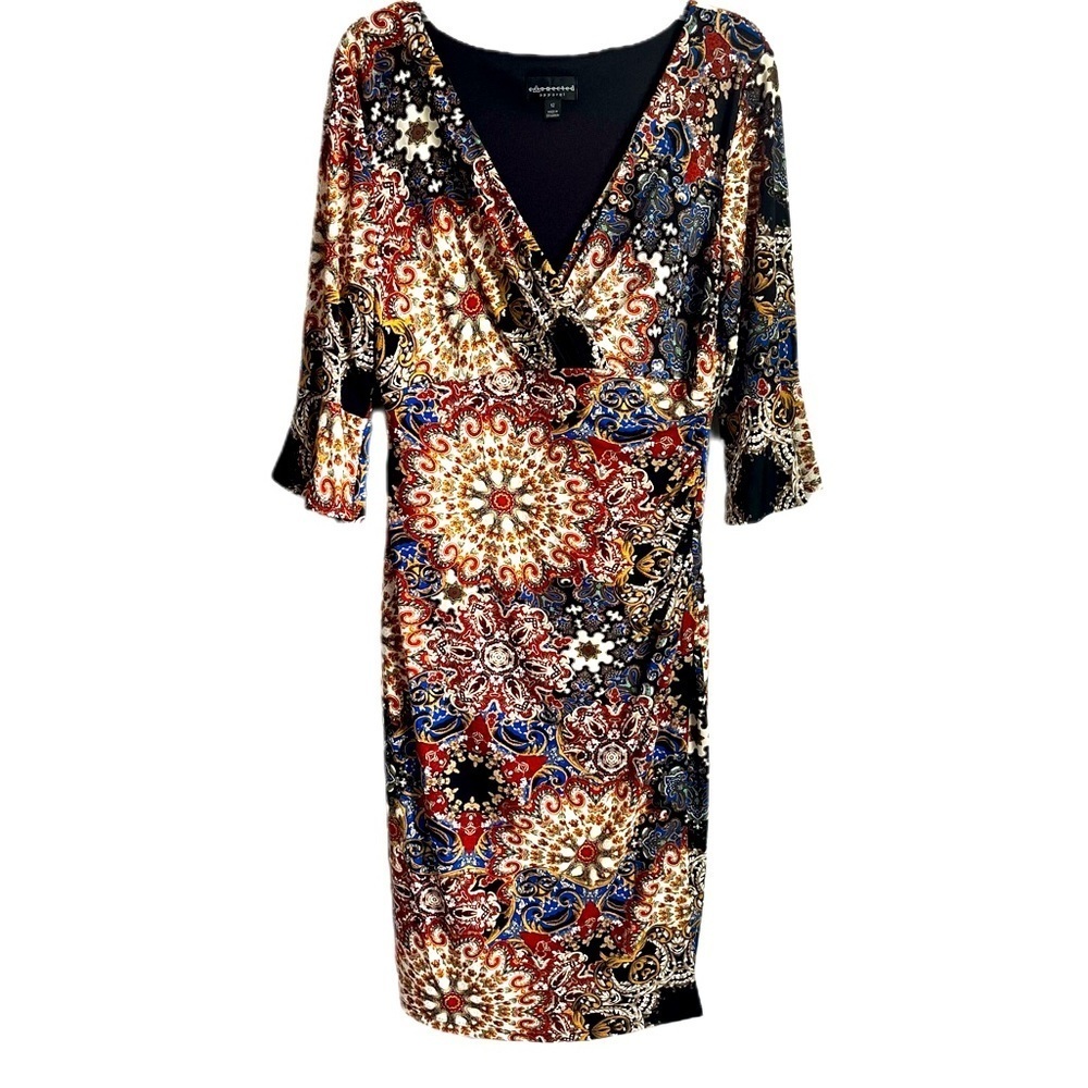 Connected Apparel Women's Size 12 Paisley Print Faux Wrap Waist midi Dress